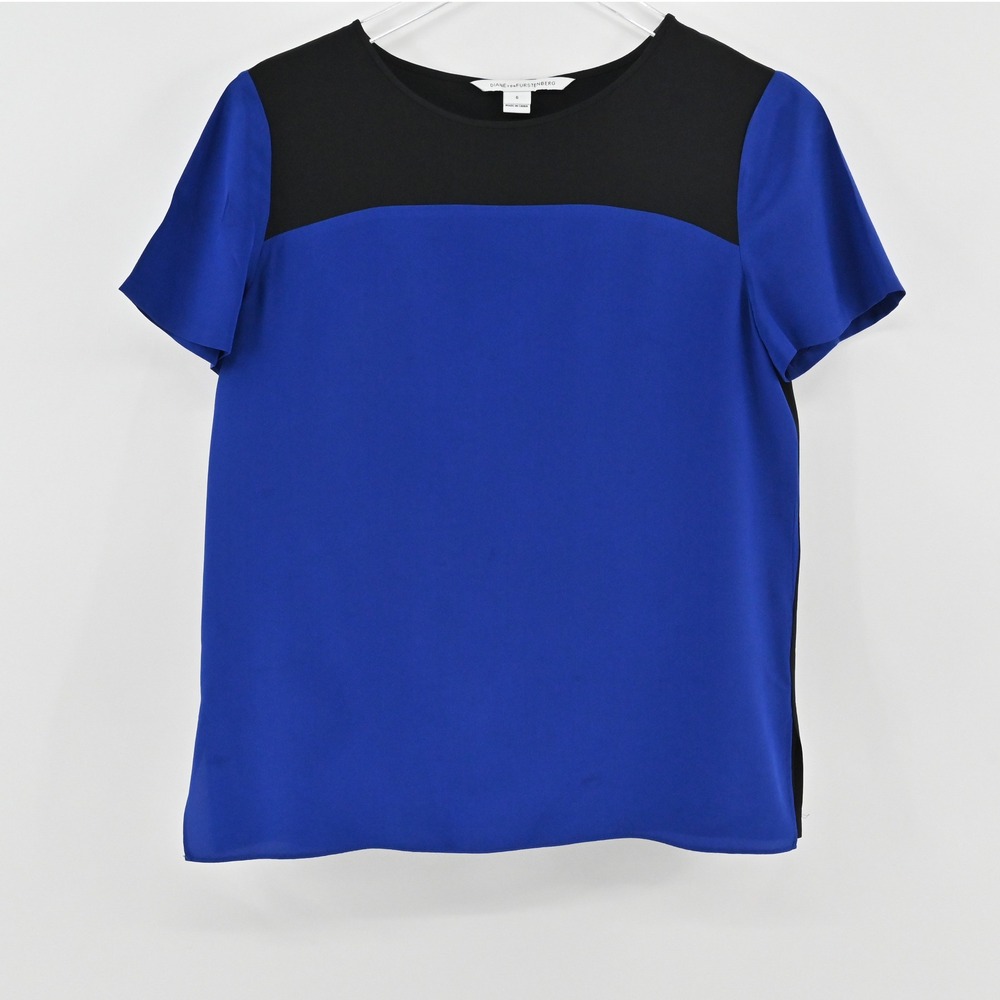 Diane Von Furstenberg Silk Colorblock Top Womens Size 6 Blue Black Contemporary